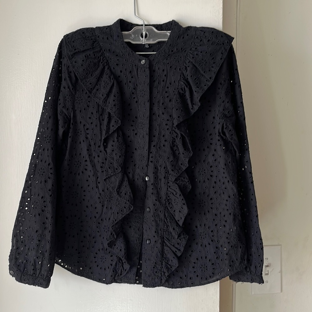Madewell Black Eyelet Victorian Edwardian Blouse XXS EUC